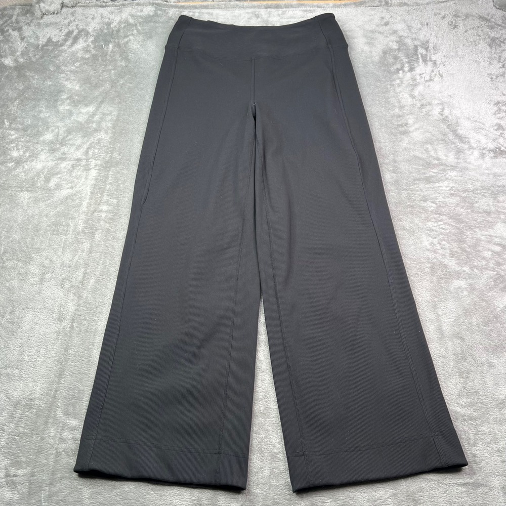 Zella Ribbed Wide Leg Pants Womens Large Black Solid High Rise Stretch Flowy